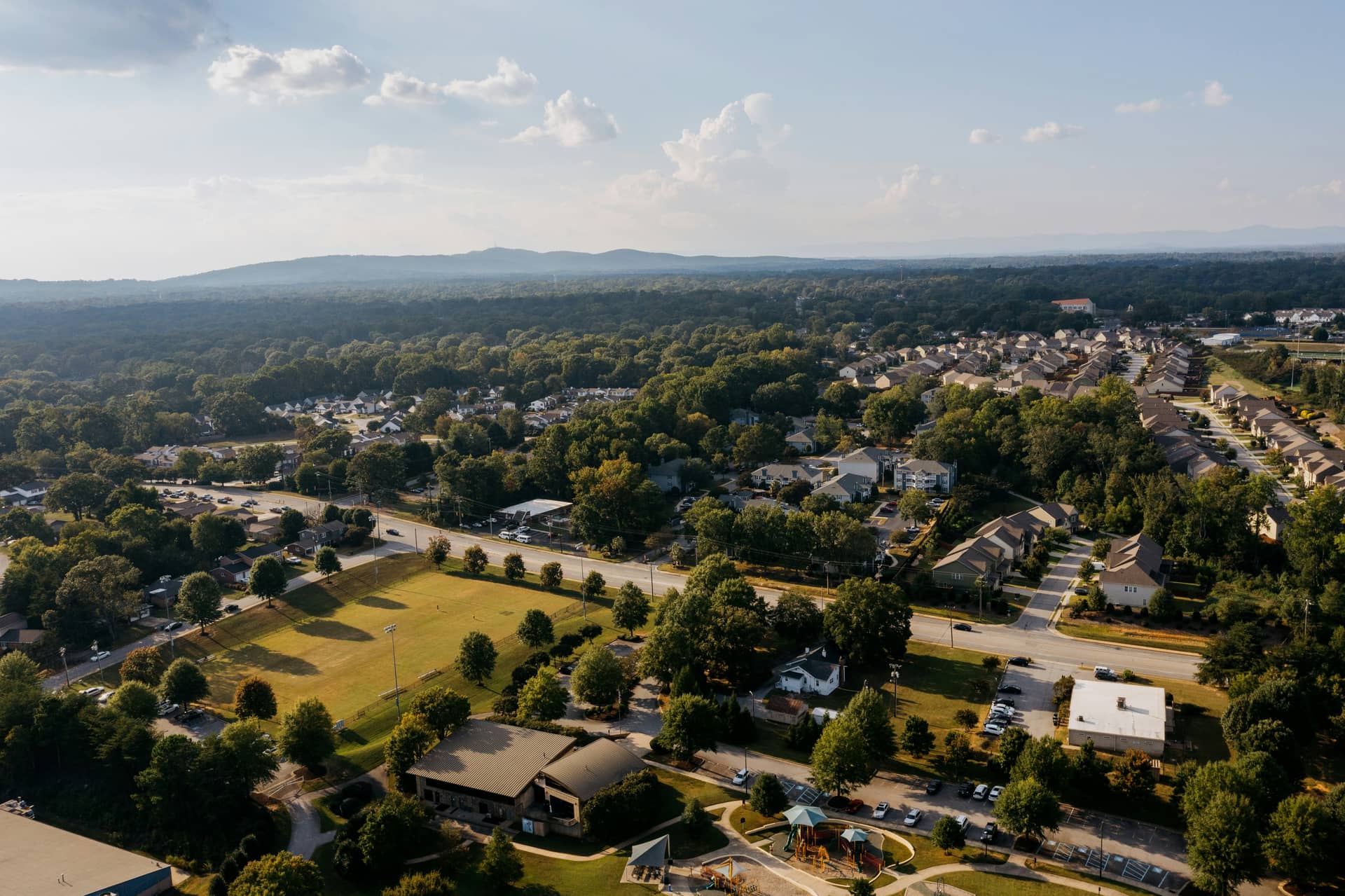 Aerial view of a community and its civic landscape