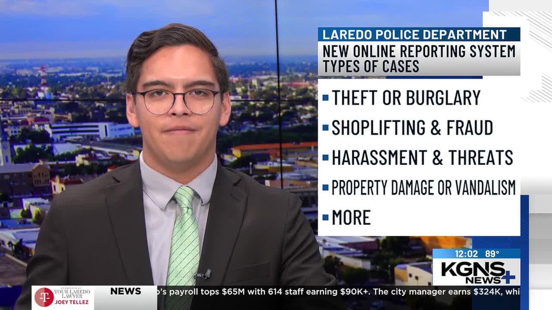 KGNS anchor beside a graphic explaining Laredo Police Department’s new online reporting system