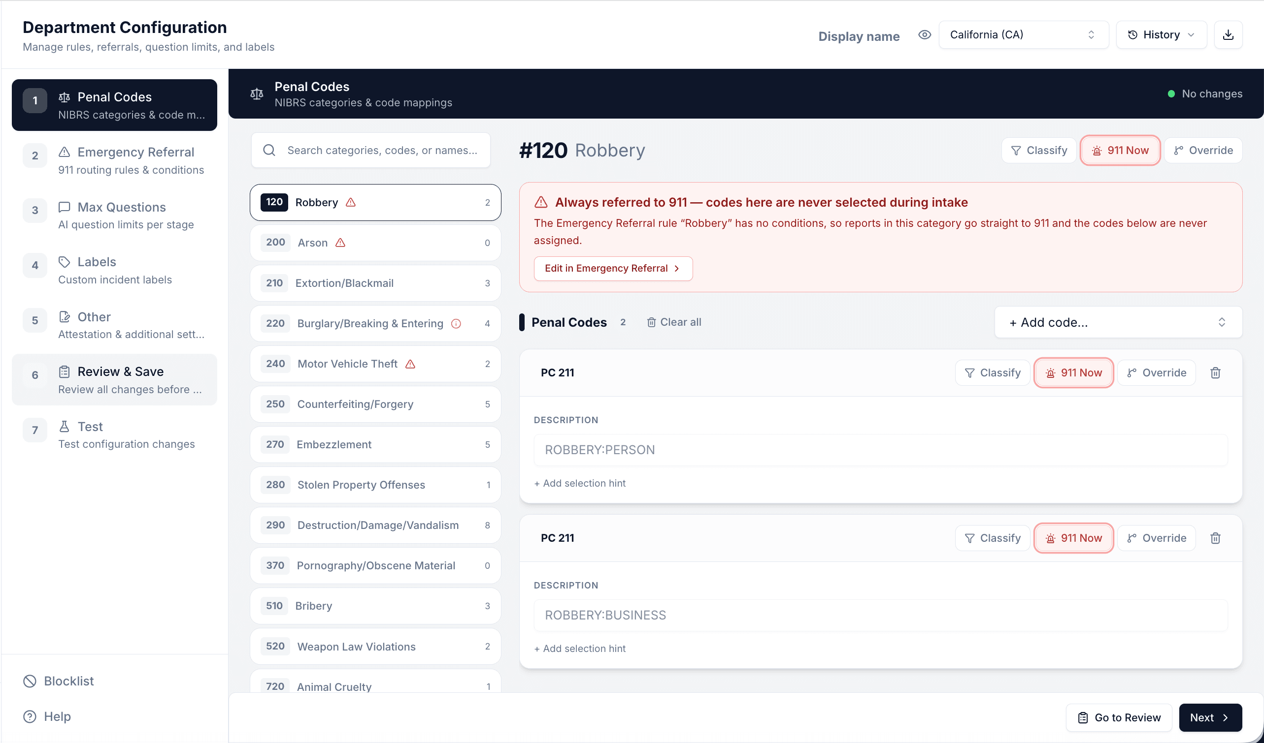 Department Configuration showing NIBRS category 120 Robbery, PC 211 code mappings, the configured emergency referral, and interview and review settings in the sidebar